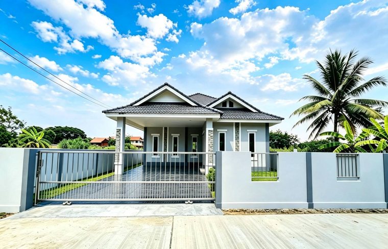 หน้าบ้านเดี่ยวและประตูรั้ว โครงการบ้านหนองเต่าคำ สันทราย